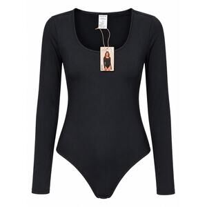SERRA Black Bodysuit Women XL Long Sleeve Scoop Neck Stretch Snap Balletcore Top